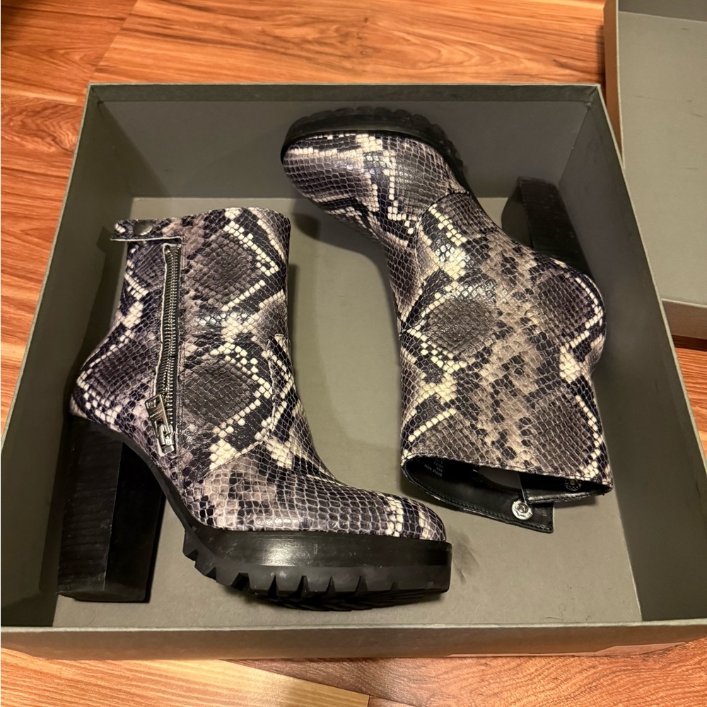 All Saints Black and Gray Snakeskin Heeled Boots